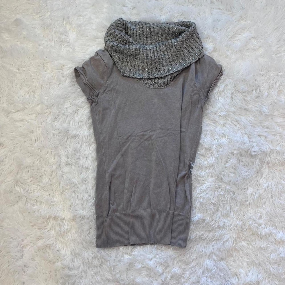 Y2K Gray Brown Chunky Cowl Neck Sparkle Short‎ Sleeve Top Large